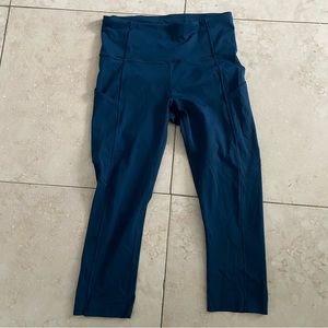 Blue Lulu Lemon capris. Size 6.
2 pockets. Pulled String pictured in front.